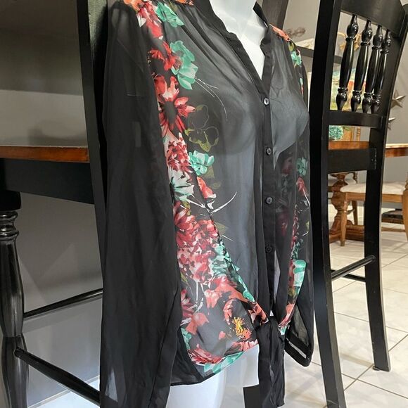 Worthington loose fit sheer floral front tie long sleeve, button front tunic. - Picture 5 of 10